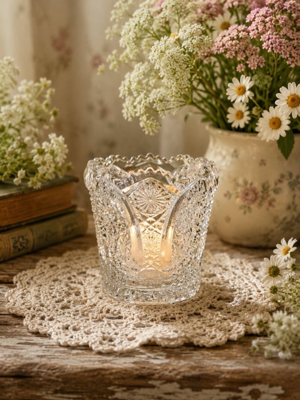Antique EAPG Pressed Glass Toothpick Holder Fan & Arch Pattern Scalloped Rim